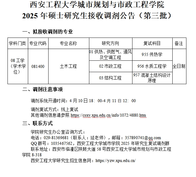 【调剂公告(第三批)】西安工程大学城市规划与市政工程学院2025年硕士研究生接收调剂公告(第三批)-掌上考研